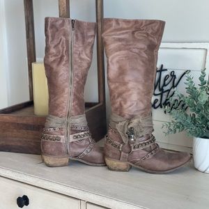Calf height brown boots